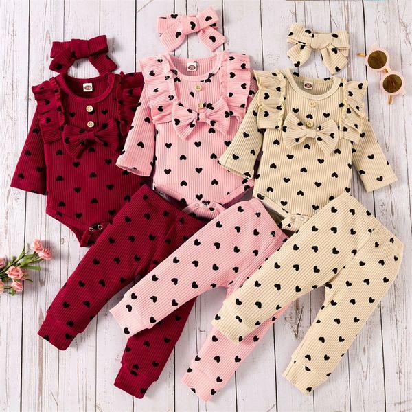 

3-piece baby clothing sets girl heart print ruffled bowknot design long-sleeve ribbed romper elasticized pants and headband set 1055 e3, White