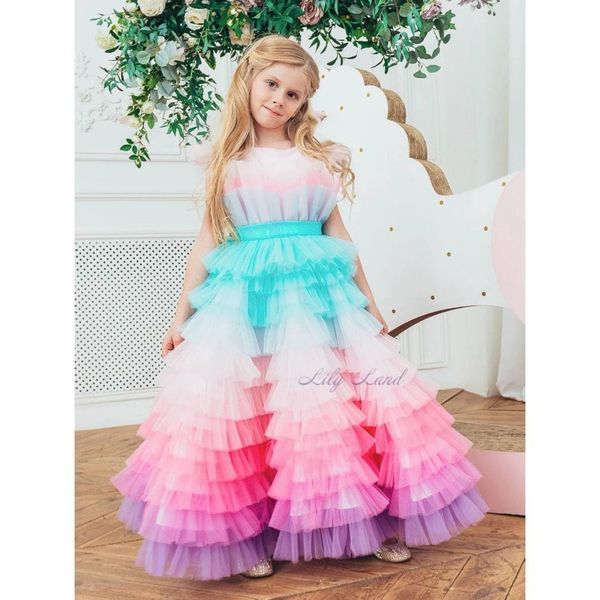 Vestidos de flor de flor de arco -íris colorido, comprimento do piso o pescoço de garotinha vestido de noiva de comunhão vestidos de aniversário