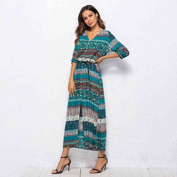 Abito lungo stampa bohemien Abito lungo maxi donna Stampa floreale Retro Hippie Vestidos Abbigliamento di marca chic Abito boho G220510