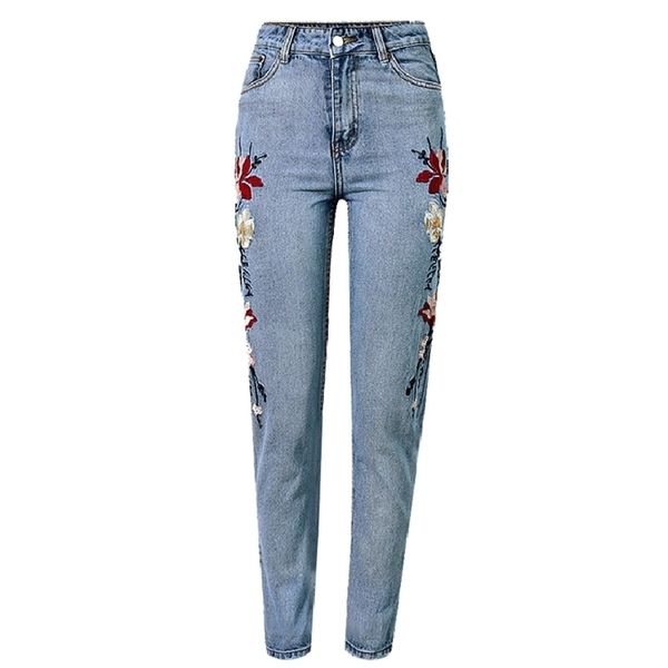 Mom-Jeans im Vintage-Stil, bestickte Blumen, Boyfriend-Jeans mit hoher Taille für Damen in Übergröße 210521