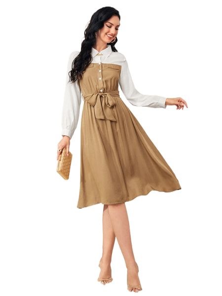 

1pc button front belted shirt dress x0g6#, Black;gray