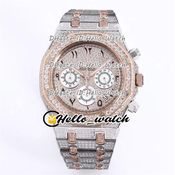 

new full iced out vs moissanite diamond pave two tone rose gold arabic numerals markers dial vk quartz chronograph mens watch blin205z, Slivery;brown