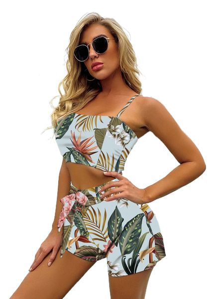 

tropical print knot front bikini swimsuit o9af#, White;black