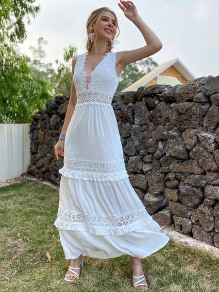 

eilly bazar tie open back lace detail ruffle hem dress 92vv#, Black;gray