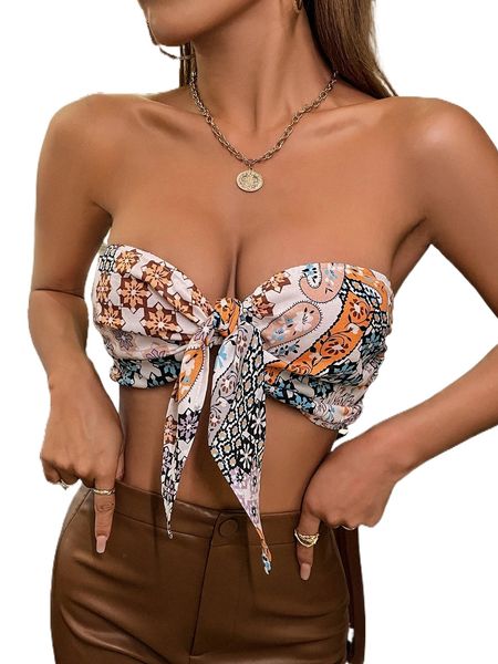 

floral print knot front crop tube j1zl#, White