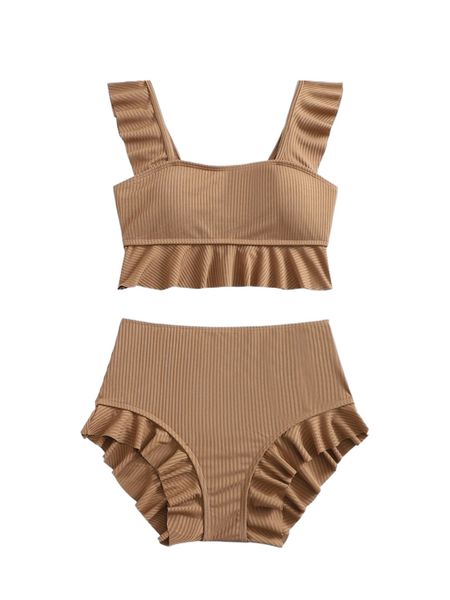 

romwe plain ribbed ruffle trim bikini swimsuit j5ef#, White;black