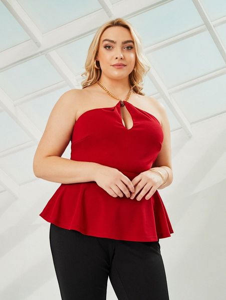 

plus chain strap backless ruffle hem halter a6nb#, Black