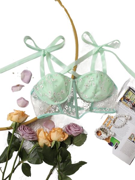 

floral mesh tie shoulder underwire bra w70t#, Black;red