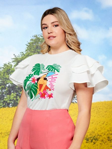 

plus figure & tropical print layered sleeve tee f10t#, Black