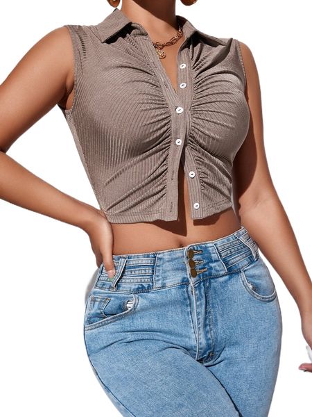 

sxy ruched rib knit button front sleeveless crop t9s4#, White