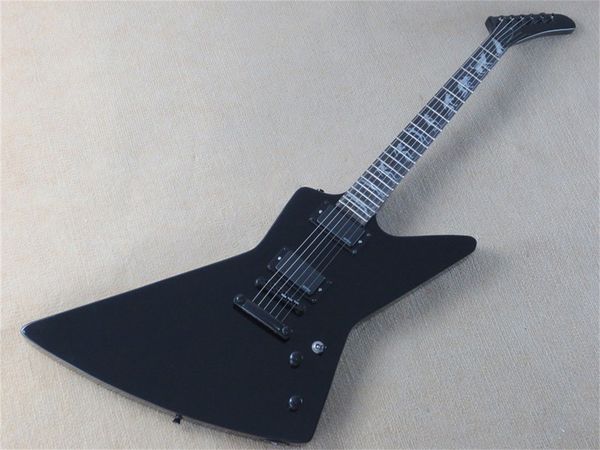 

6-string electric guitar black body wolf inlay rosewood fretboard black bridge active battery