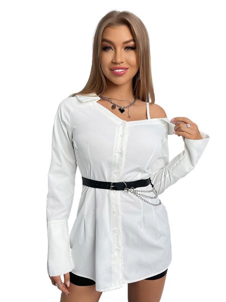 

asymmetrical neck raglan sleeve blouse without belt e4wu#, White