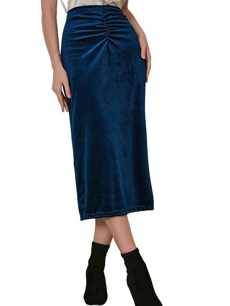 

ruched split back velvet skirt t6sn#, Black