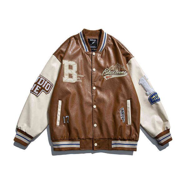 

mens varsity pu leather baseball jacket men women vintage embroidery letter patchwork college coats hip hop bomber coat t220816, Black;brown