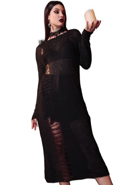 

romwe dark academia solid ripped sweater dress d3li#, White;black