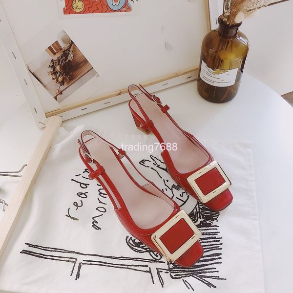 

dress shoes summer rv metal square buckle color matching single shoes cow patent leather head rear air heel sandals baotou women's, Black