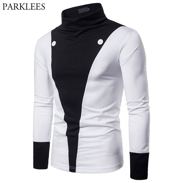 

mens slim fit long sleeve button t shirt autumn turtleneck tshirt for men casual brand white tshirt male tees xxl 201116, White;black