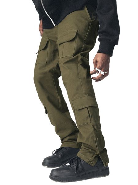 

men flap pocket button hem cargo pants 47uo#, Black