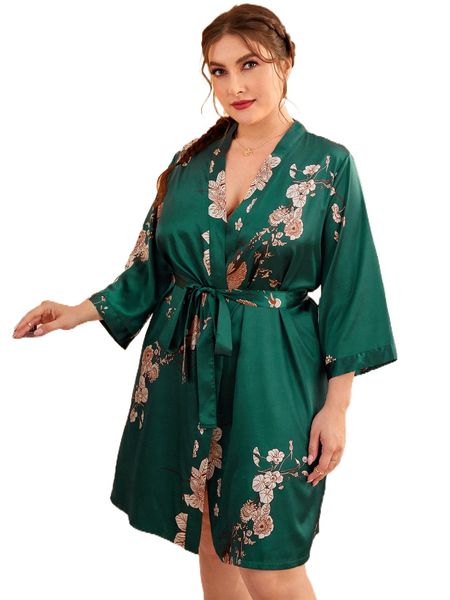 

plus floral print belted robe without lingerie set n7qg#, Black;white