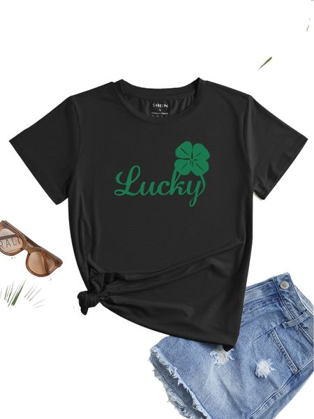 

four-leaf clover & letter graphic tee s7k2#, White