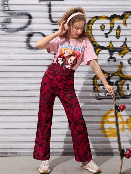 

teenage girl slogan and portrait pattern and tie dyed trousers she, White