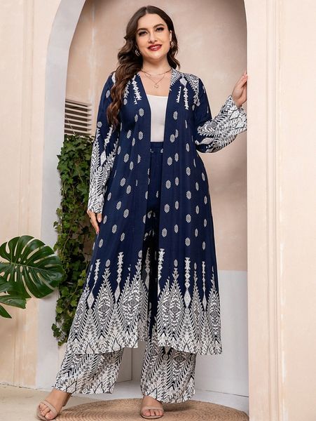 

plus geo print belted coat & pants j01w#, Black