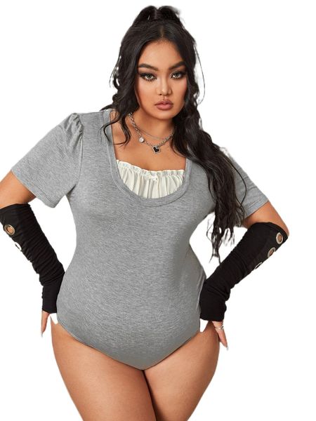 

plus colorblock puff sleeve ruched frilled bow detail tee bodysuit t34i#, Black