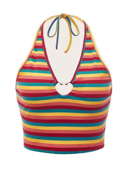 

block striped heart ring linked tie back halter e1nd#, White