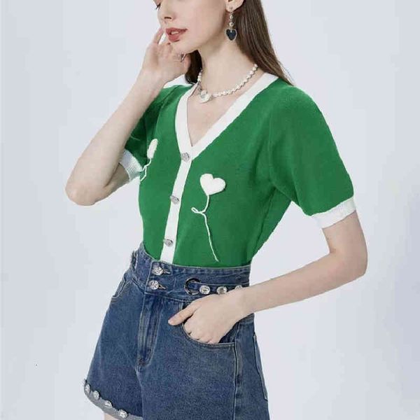 

women's hoodies sweatshirts matching summer 3d love v-neck green short sleeved knitted cardigan thin color matching british, Black