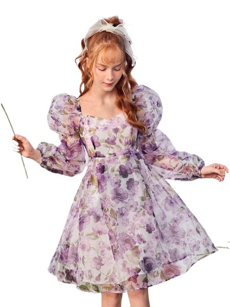 

teen girls allover floral print gather sleeve dress 82fs#, Black;white