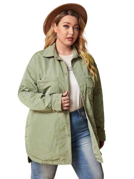 

plus double pocket drop shoulder winter coat 15gj#, Black