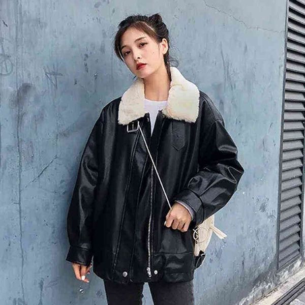 Zoki Autumn Wolljacke Frauen PU Leder warme Jacke schwarze Kunstpelzmäntel Übergröße Lady Street Outwear Koreanische Mode Neue L220728