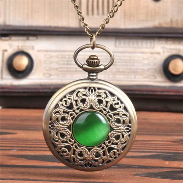 

10pcs green gem eye large pocket watch carved hollow flap emerald 063, Slivery;golden