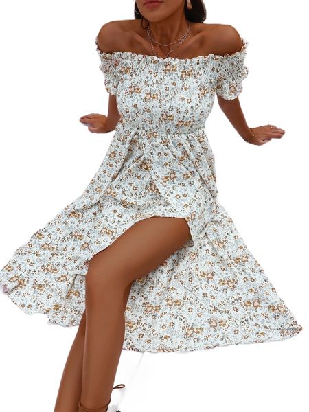 

floral print off shoulder shirred frill trim wrap hem dress t4de#, Black;gray