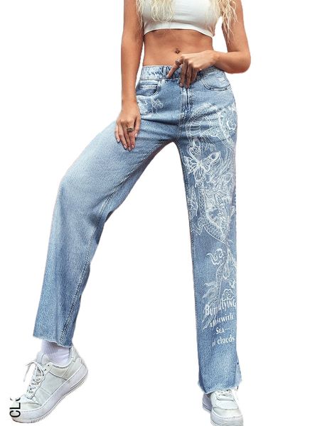 

butterfly & chinese dragon graphic straight leg chambray pants m3i7#, Black;white