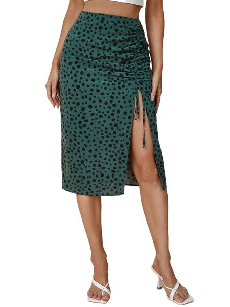 

dalmatian print drawstring ruched split thigh skirt c3e0#, Black
