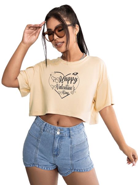 

heart & slogan graphic drop shoulder crop tee x3rr#, White