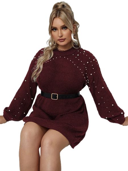 

plus pearl beaded drop shoulder sweater dress without belt o6cm#, Black