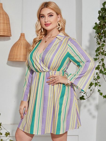 

plus colorful striped overlap collar dress 25np#, Black