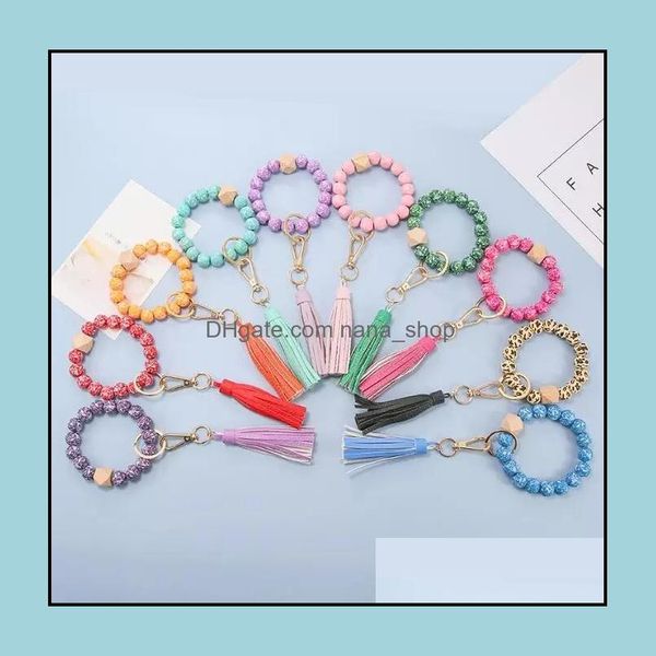 

key rings jewelry fashion flower pattern wood beads bracelets keychains leather wrap tassels bracelet keychain round bangle keyring drop del, Slivery;golden