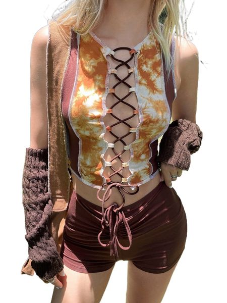 

tie dye lace up stitching crop tank & drawstring front shorts j6dv#, White