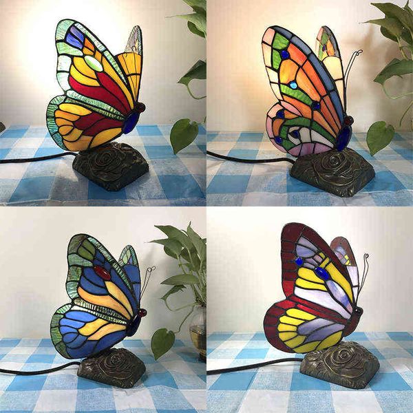 Витражи Tiffany Butterfly Lamps с заглушкой US/EU/UK/AU в светодиодном светодиодном свете E27 для ночных светильников H220423