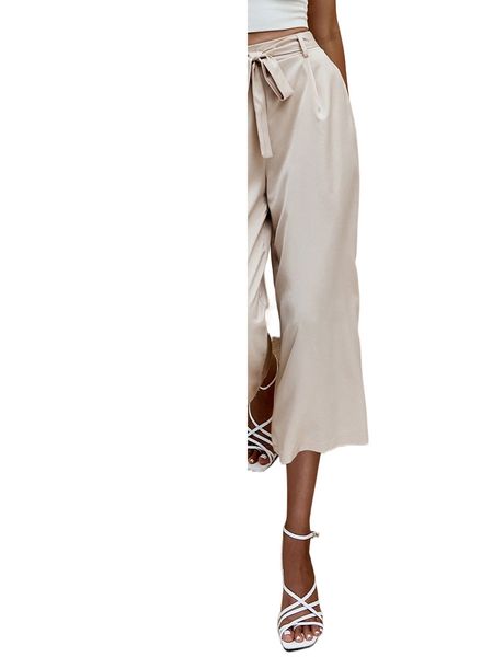 

fold pleated belted wide leg pants i3ts#, Black;white