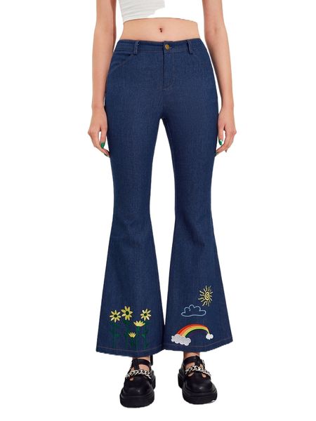 

mod floral & rainbow embroidered flare leg pants p8j3#, Black;white
