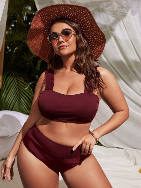 

plus solid frill trim bikini swimsuit q9dz#, White;black