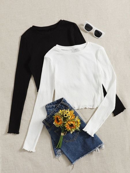 

2pcs solid ribbed knit lettuce trim tee 80lc#, White