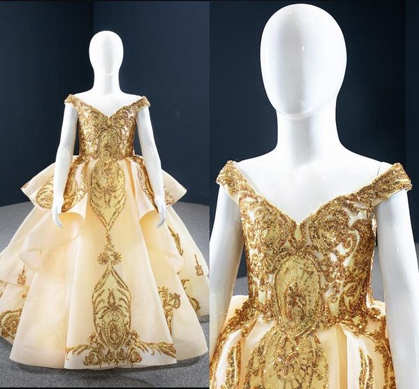 2022 lantejoulas de ouro applique meninas promavão vestidos v-pescoço capa manga camadas camadas plissar menina vestido de casamento garoto formal vestidos de noite formal champanhe