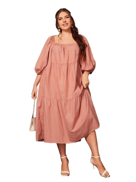 

plus lantern sleeve ruffle hem smock dress m57j#, Black