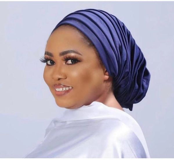 

candy color ladies head wraps muslim hijab bonnets fashion headgear trending elastic full body pleated turban cap for women 220813, Blue;gray