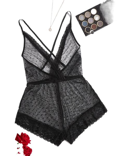 

eyelash lace crisscross sheer teddy bodysuit j2sk#, Black;red